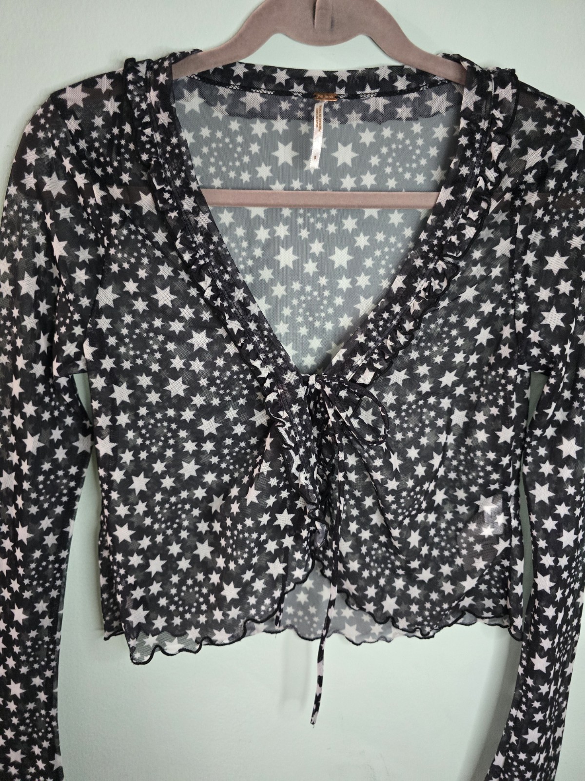 FREE PEOPLE Sheer mesh Black White Star Print Front Tie Marne Top Women’s Size S