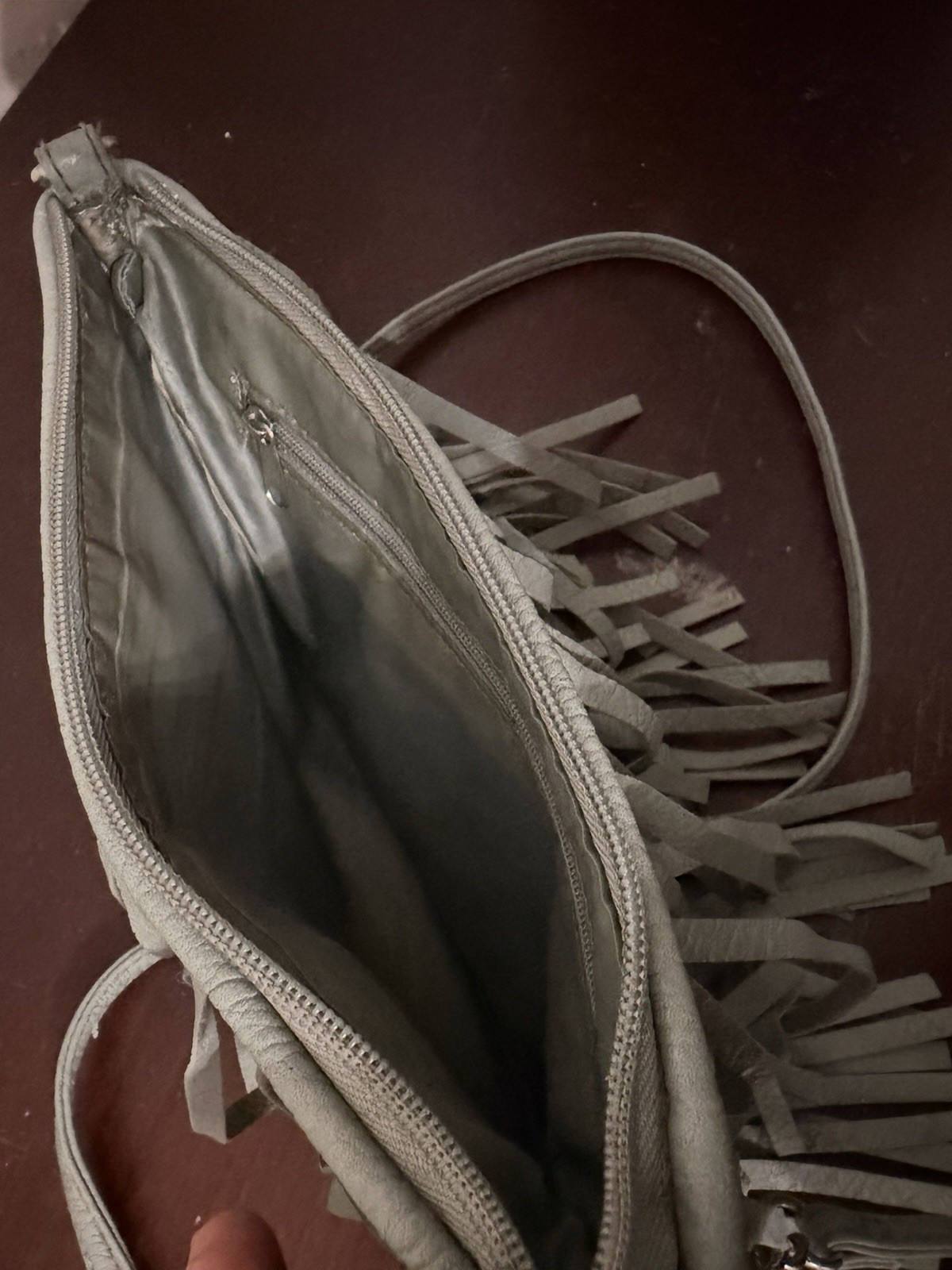 Greenish Gray Fringe Small Crossbody Purse w/ Silver Chain Strap Zip Closure