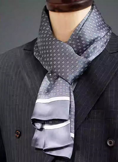 100% Silk men women Scarf neckerchief Wrap long plaid beige white gray MY116-41