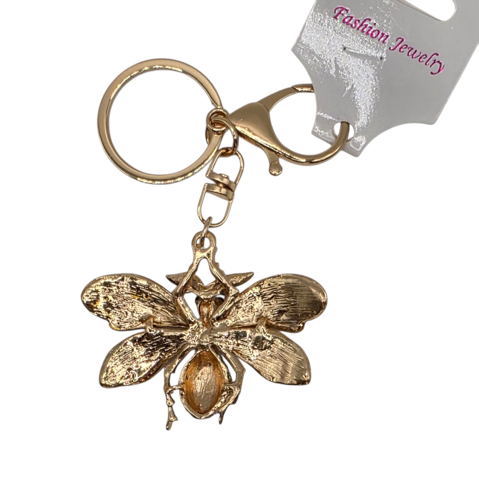 Rhinestone Bee Key Chain Keyring Bag Charm Gold Tone Yellow Metal Animal Women