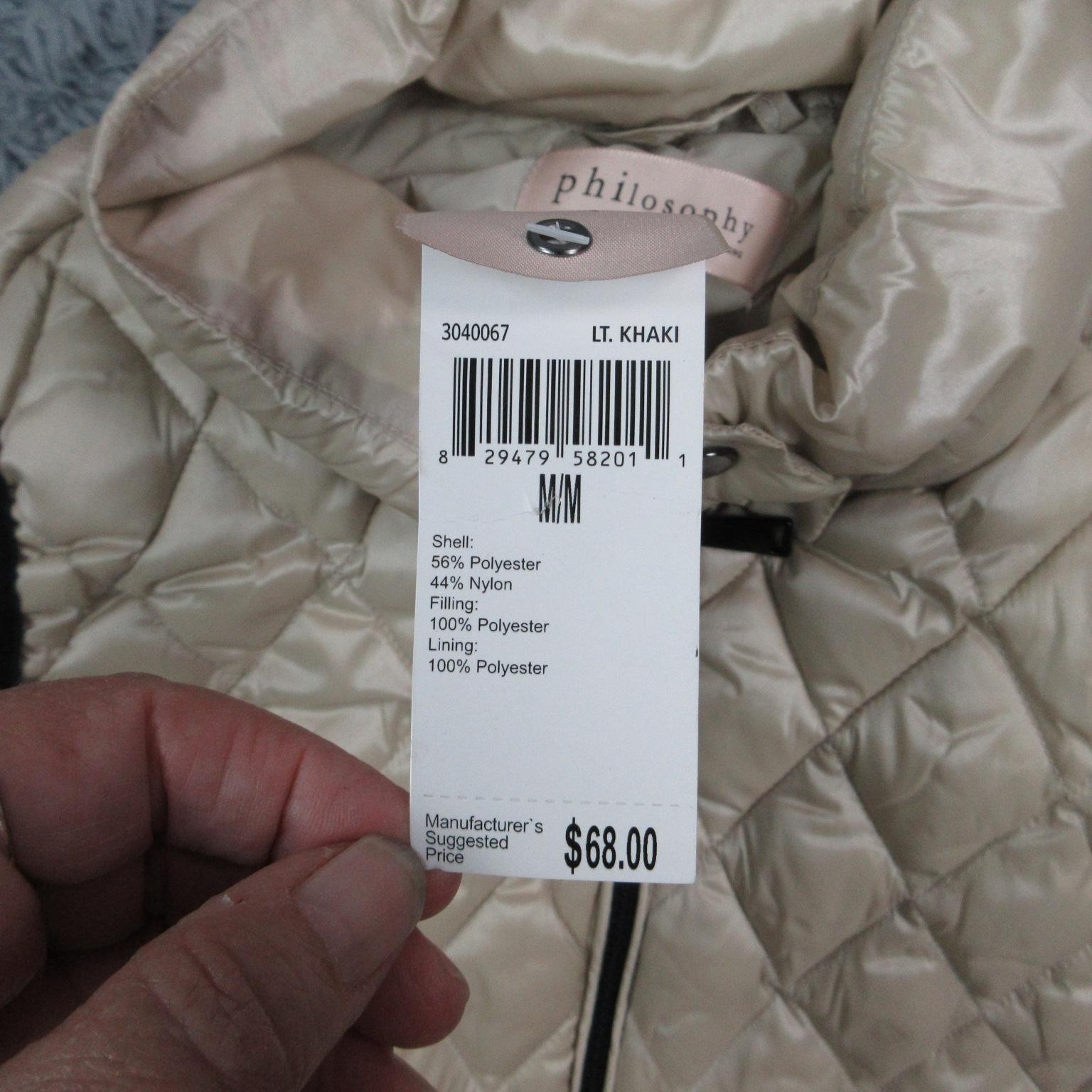 Philosophy Vest Womens M Beige Quilted Lined Insulated Pockets Zip Collared NWT