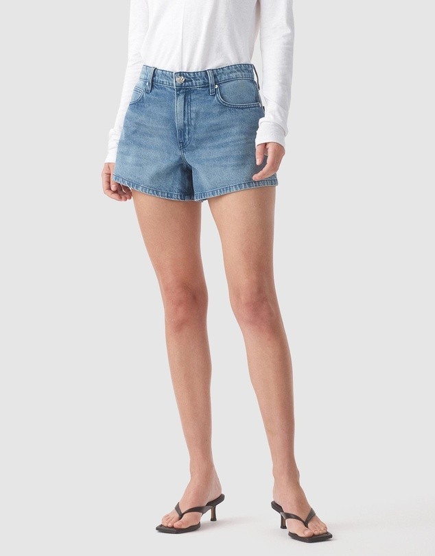 Olive Cooke x Outland Denim Ebony High Flare Shorts in Marina Mid Blue Size 28