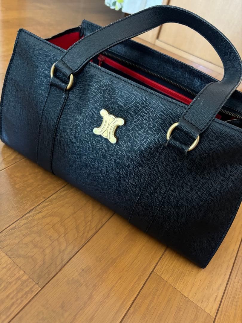 Celine Black Leather Handbag Vintage Gold Hardware Red Lining Auth