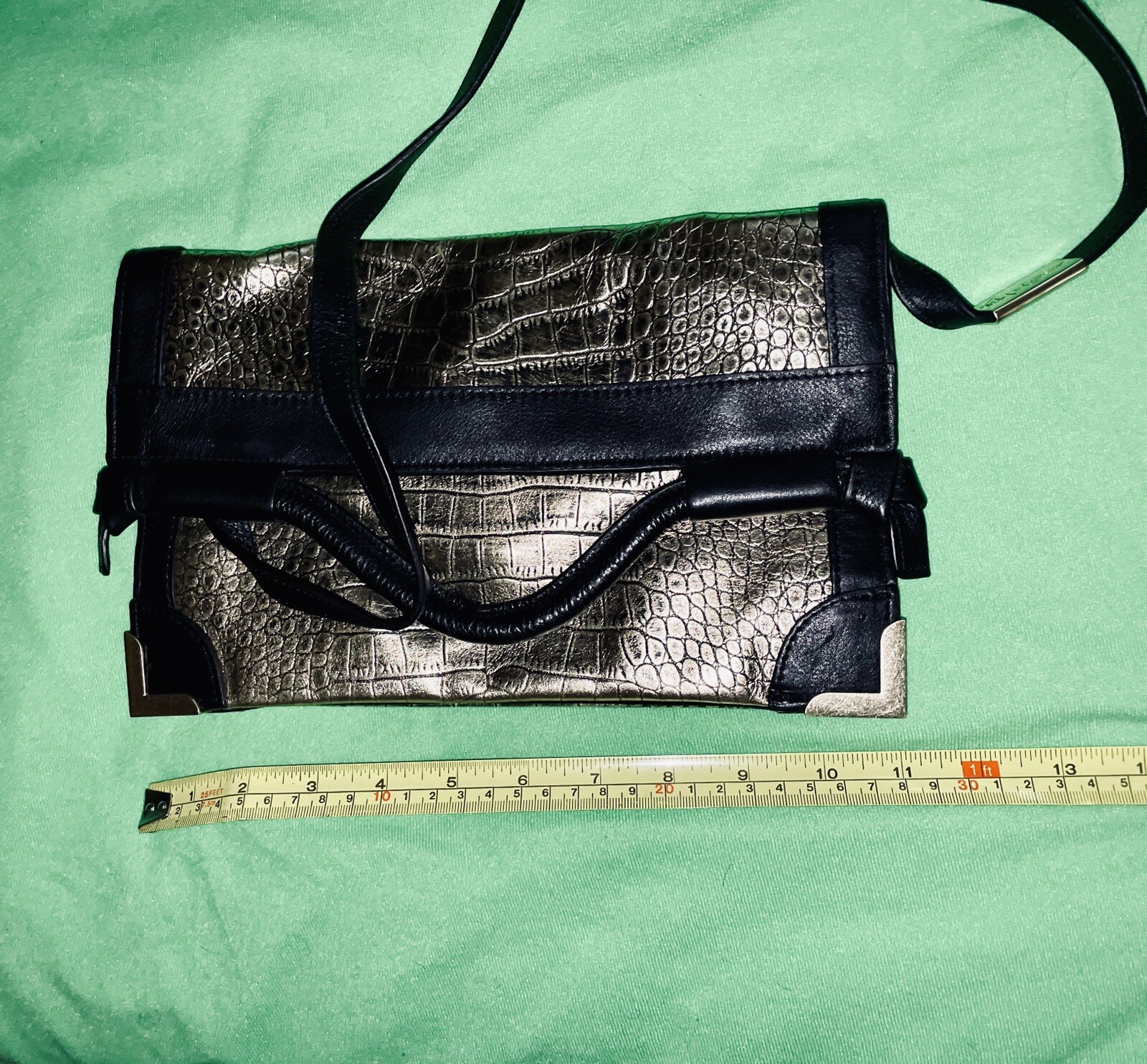 $295 FOLEY & CORINNA FRAMED FLAP GOLD CROCODILE EMBOSSED LEATHER CROSSBODY BAG