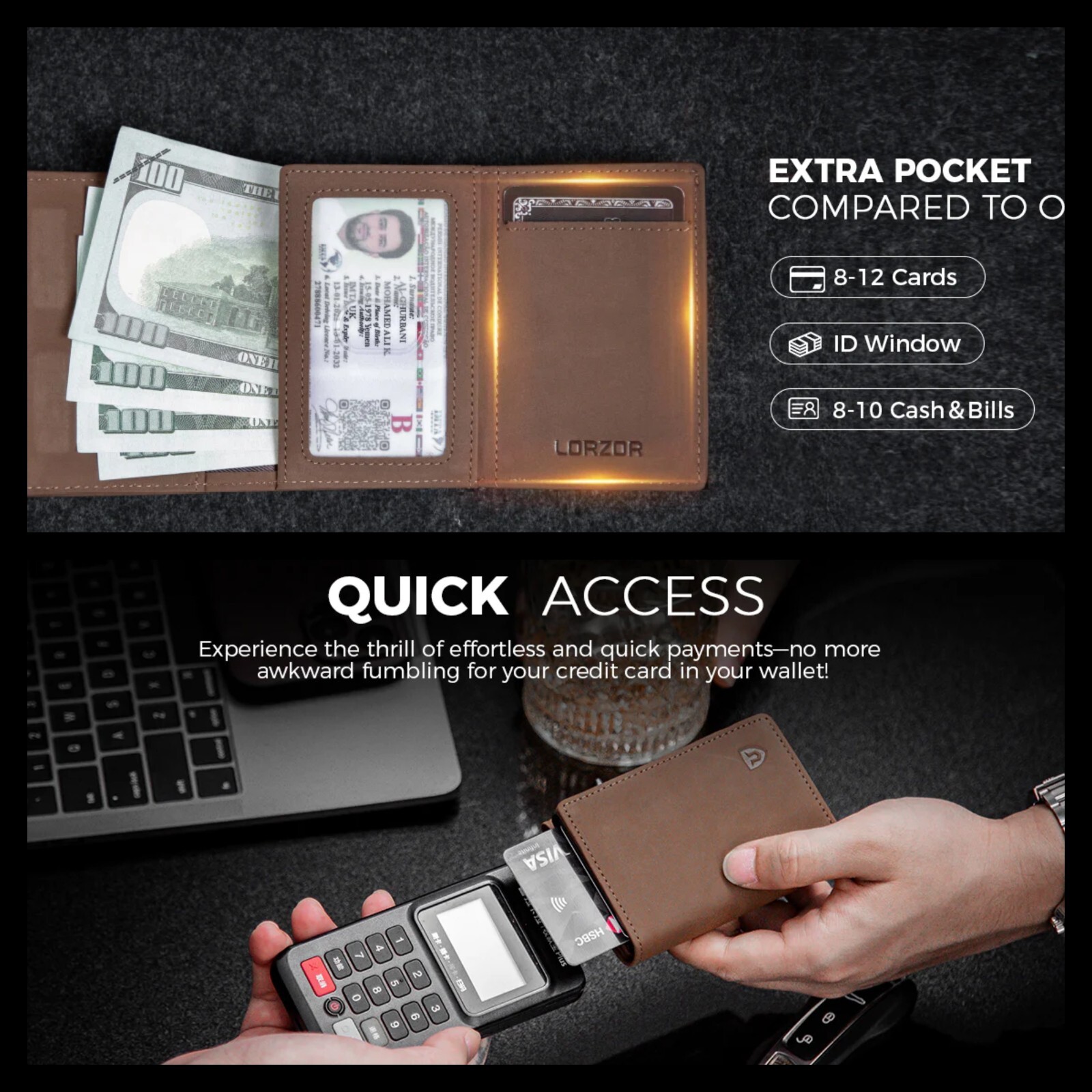 LORZOR RFID BLOCKING SLIM LEATHER WALLET, FREE iOS & ANDRIOD COMPATIBLE AIR TAG