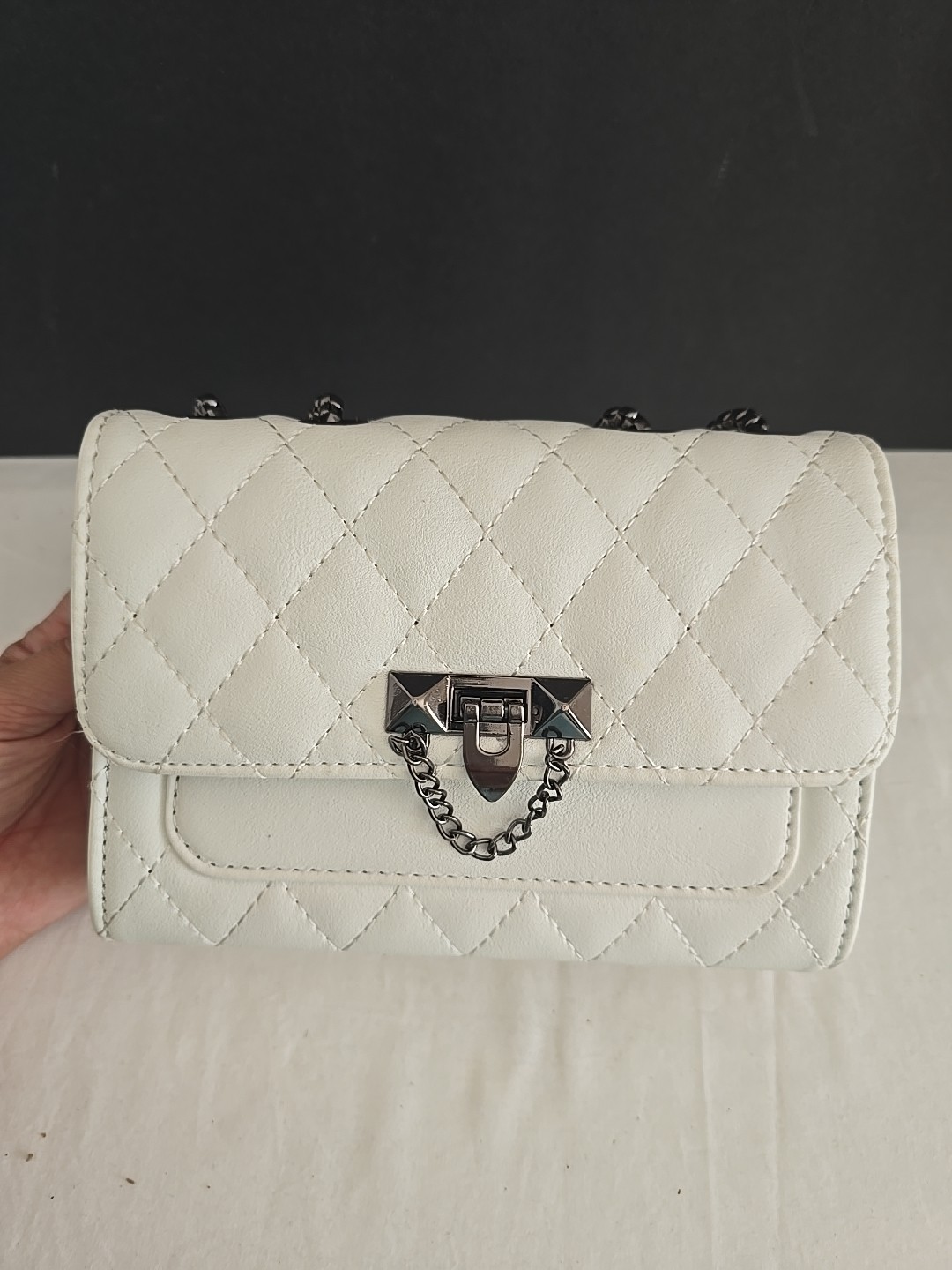 White Minimalist Fashion Quilt Diamond Lattice Square Bag Shoulder HandBag Purse