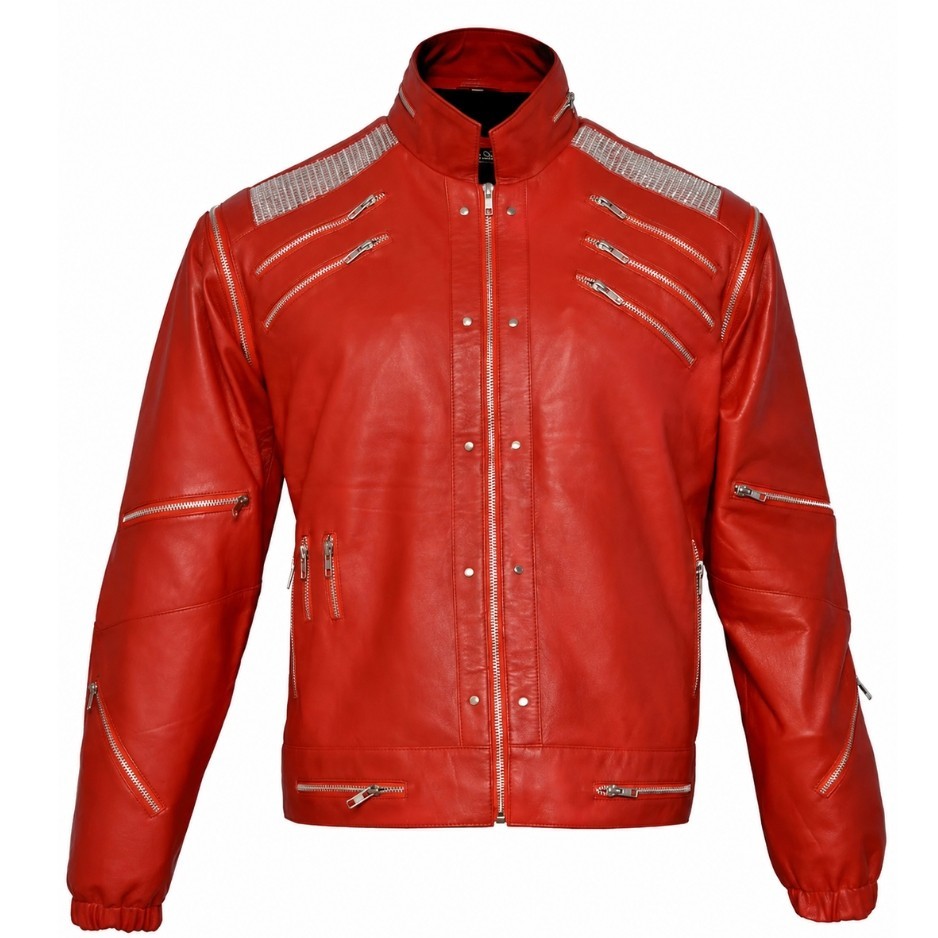 MJ Thriller Beat It Red Real Leather Jacket Michael Jackson Inspired Men New
