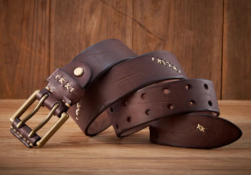 3.8CM Original Genuine Leather Army Tactical Belt Double-needle Buckle Men’s