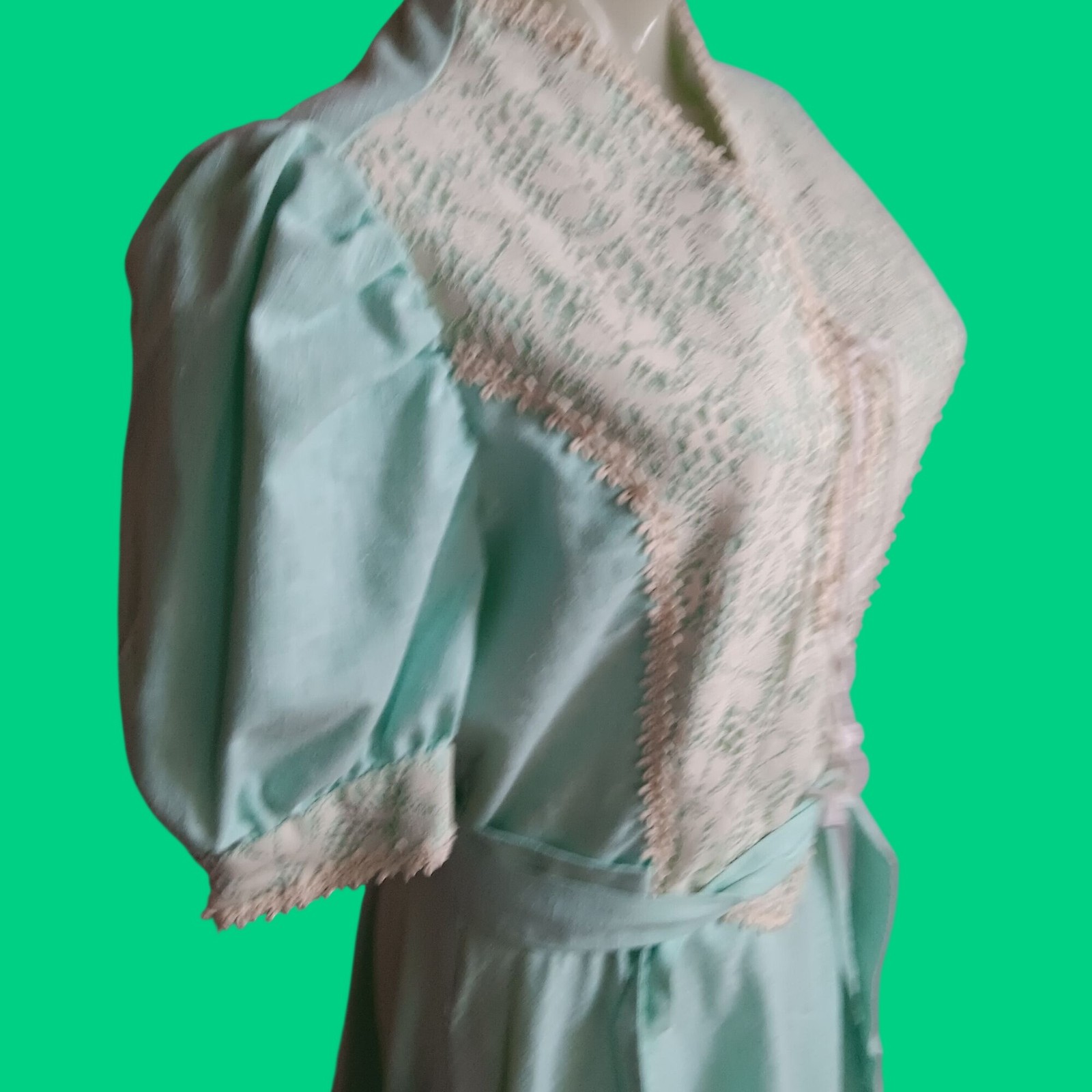 True Vintage Prairie Maxi Dress sz 8 1970s Boho 1OF1 Lace Puff Sleeves Green