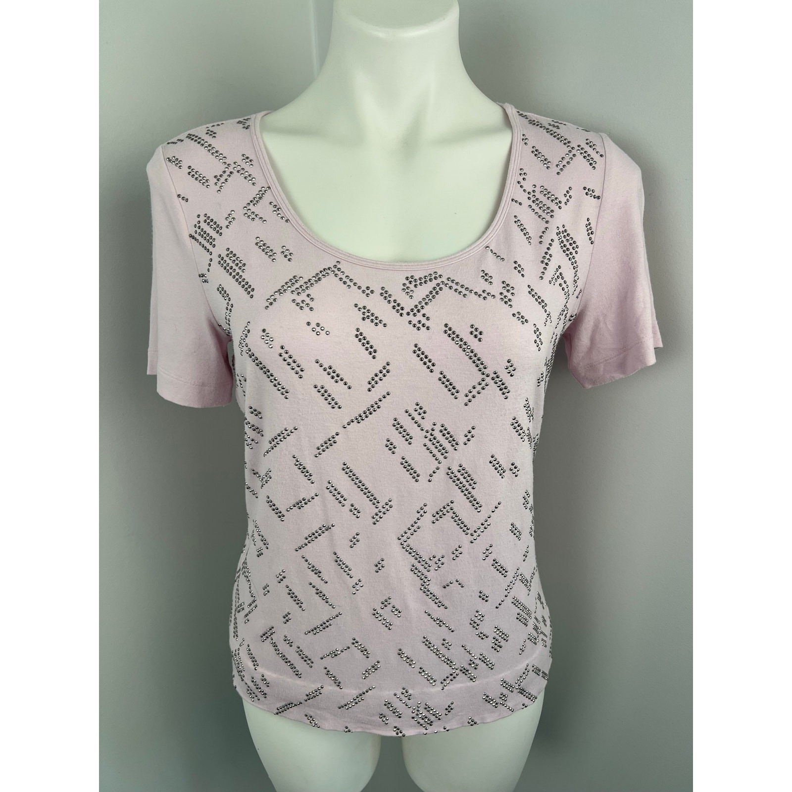 Women’s St.John Pink Embellished Rhinestone Studded Short Sleeve Blouse Small