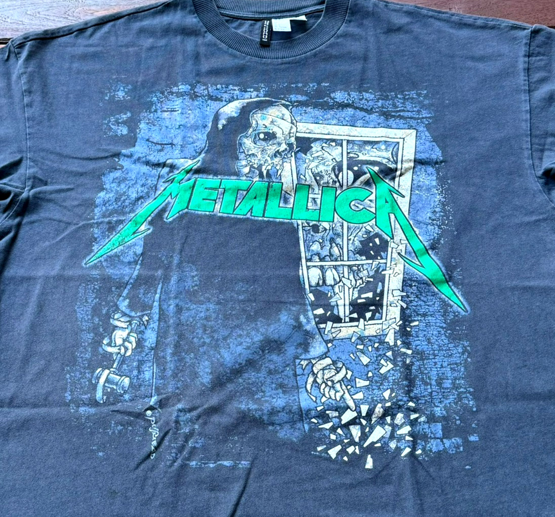 Metallica Damaged Justice T-Shirt Mens L Boxy Oversized 26″ Faded Black Grunge