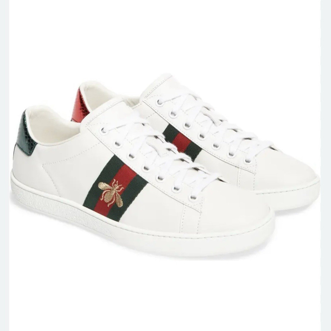 Gucci Men’s White Leather Lace-Up Low-Top Sneakers Green/Red Web Bee Logo 11