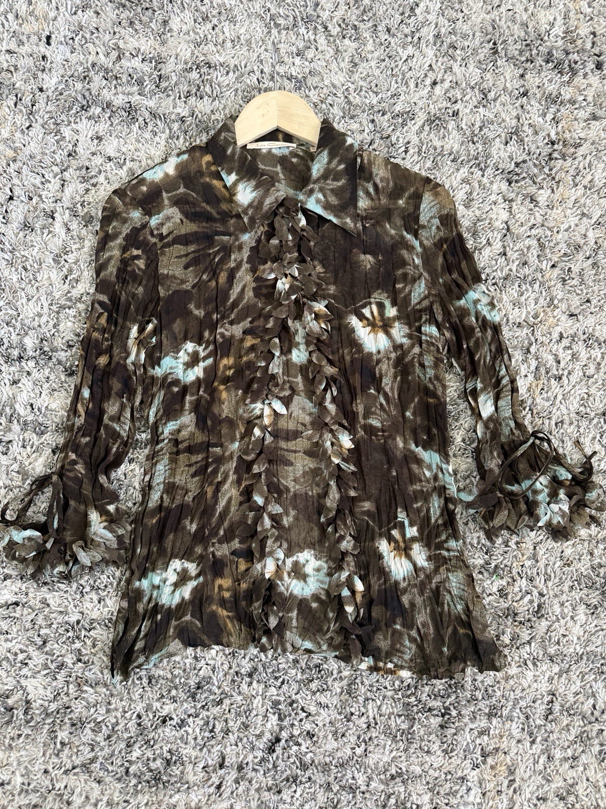 L.C. Women’s M Brown/Blue Abstract Sheer Chiffon Blouse Collared Ruffle