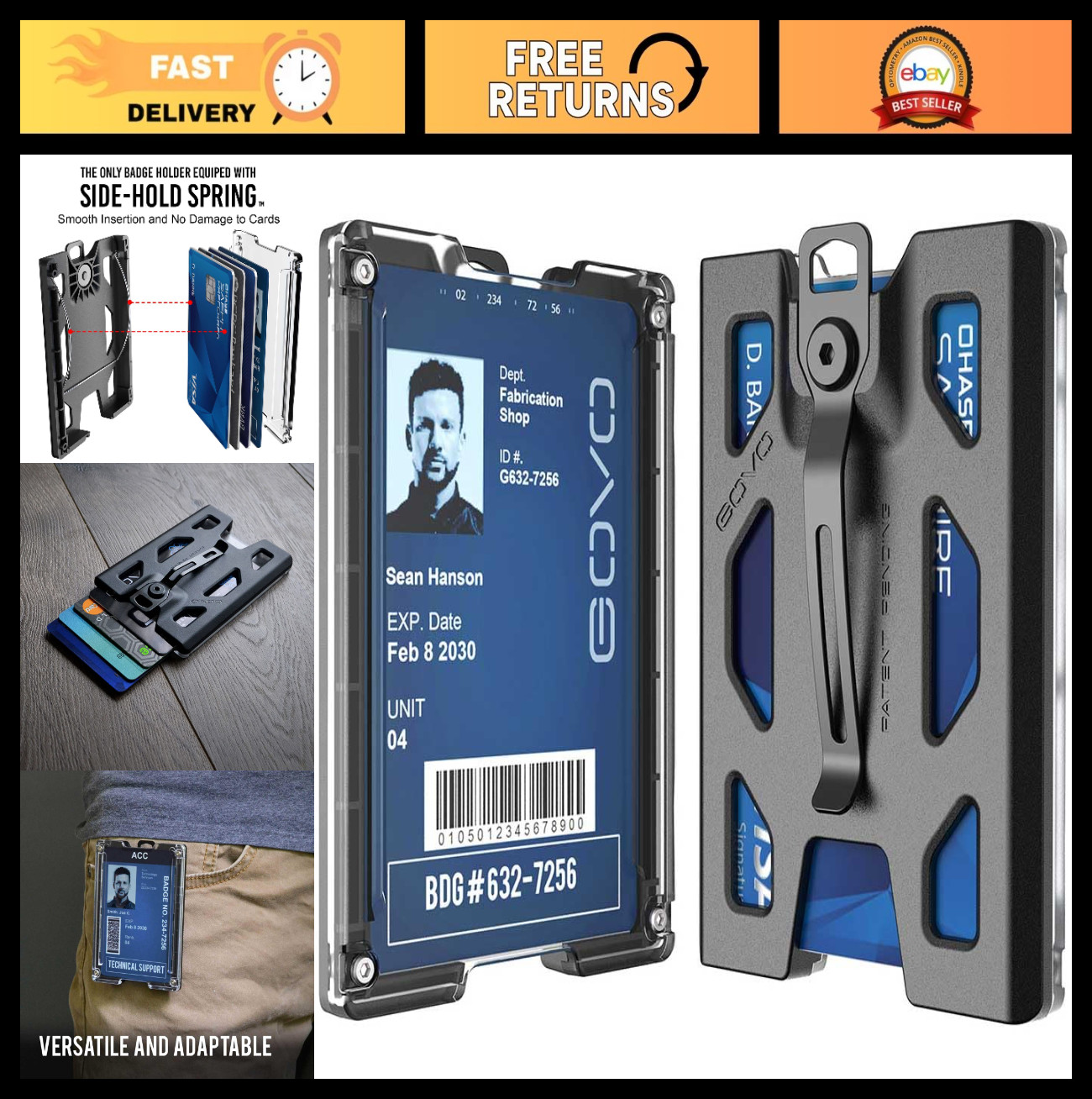 Durable Polycarbonate Badge Holder Wallet with Metal Clip – 4 Card Slots, Black