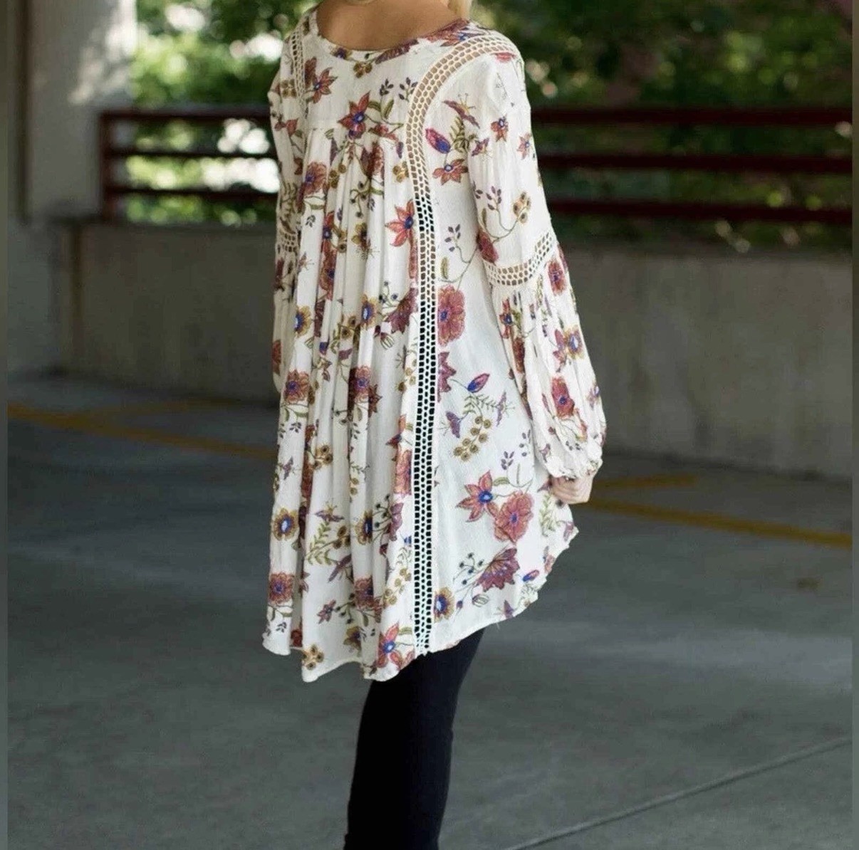 Free People Floral Boho Peasant Blouse V-Neck Balloon Long Sleeve Viscose Size S