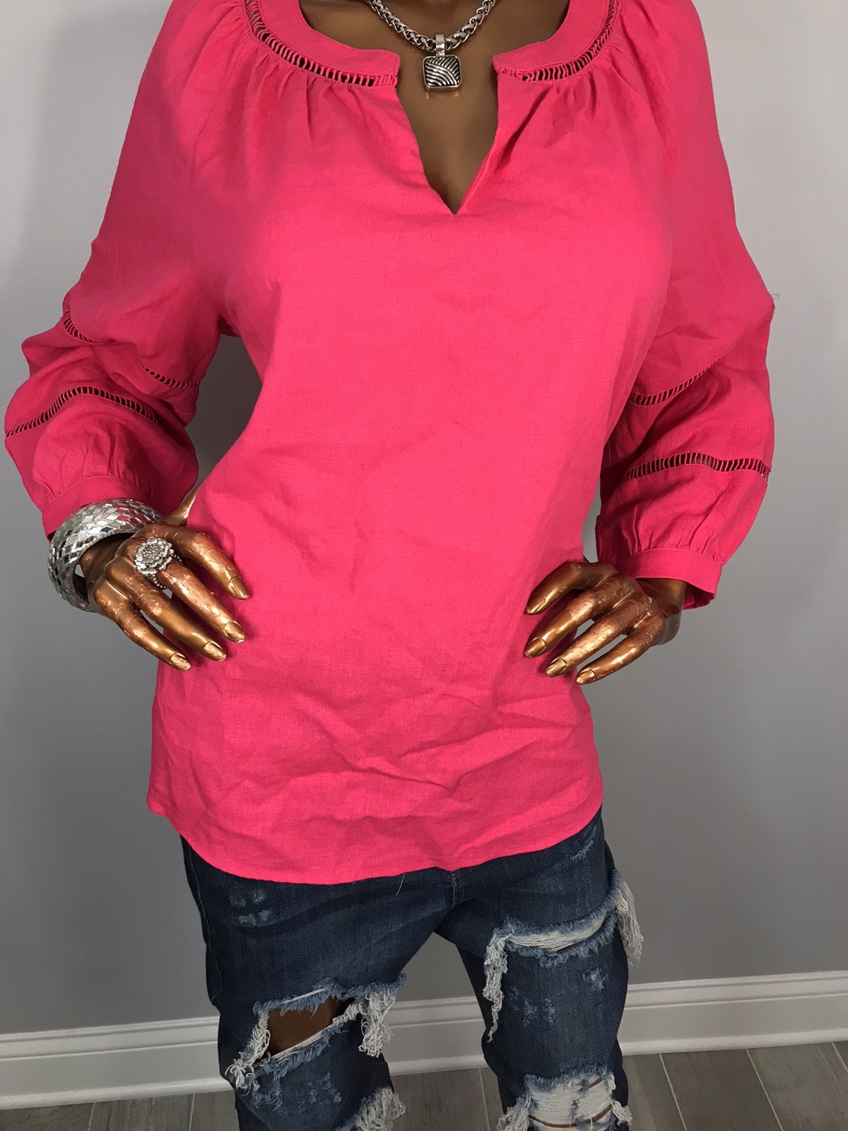 Anne Klein M Top NWT $89 Linen Blouse Pink Crochet Low V Cut Sexy Shirt 3/4 Slvs