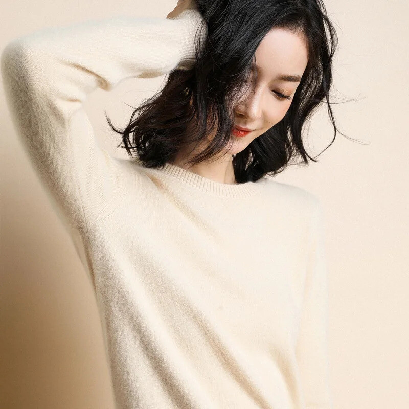 Women Wool Cashmere Sweater Knitted Pullover Slim Crew Neck Sweater Solid Jumper