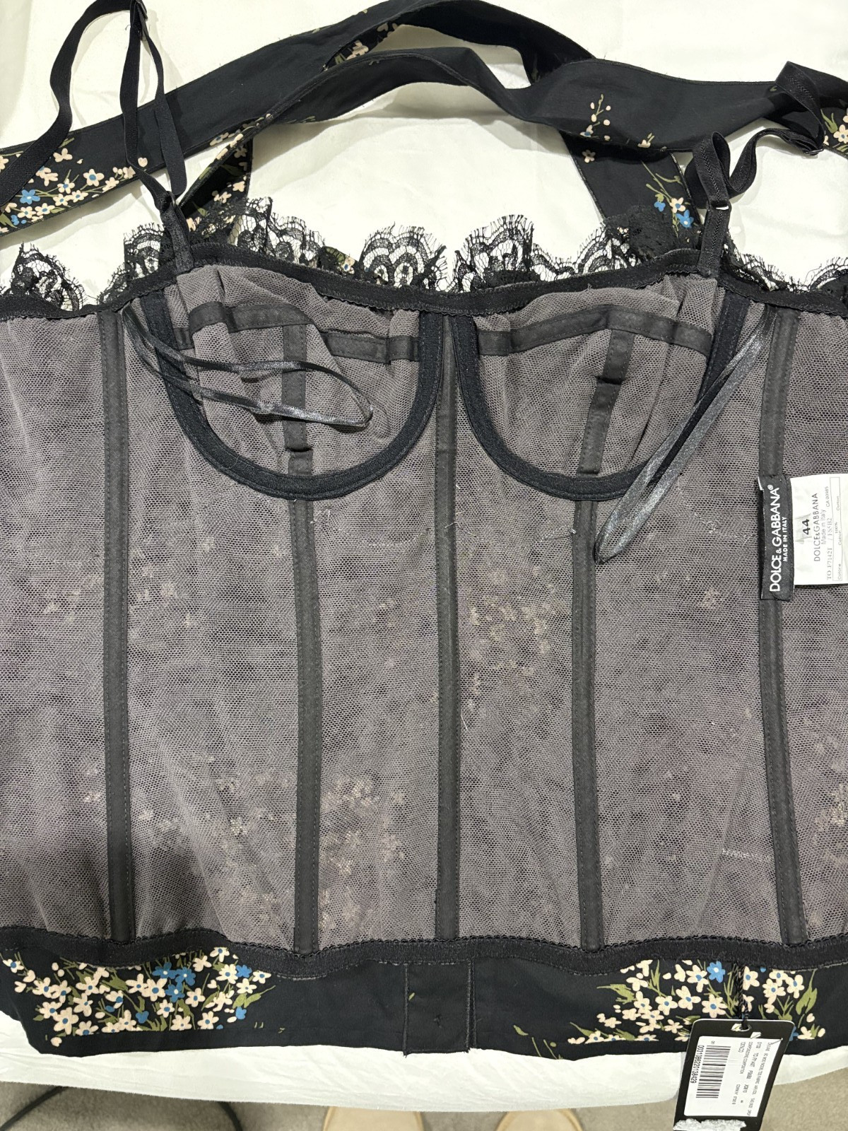 BNWT Dolce & Gabbana Black Floral Print Cross Back Lace Trim Corset – Size IT 44