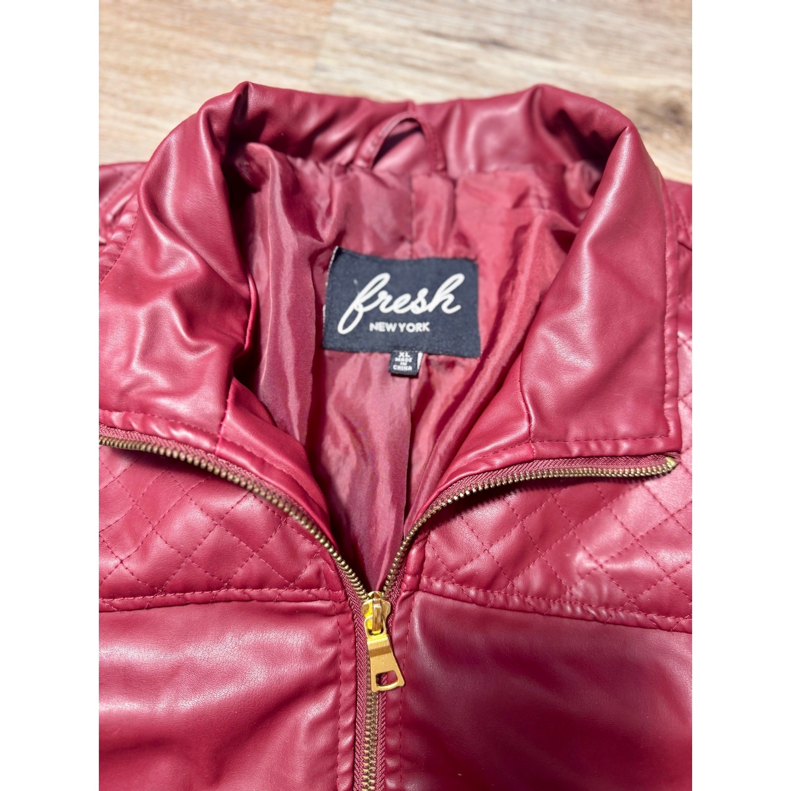 Fresh New York Red Faux Leather Moto Jacket Womens XL Quilted Biker Gold Zip