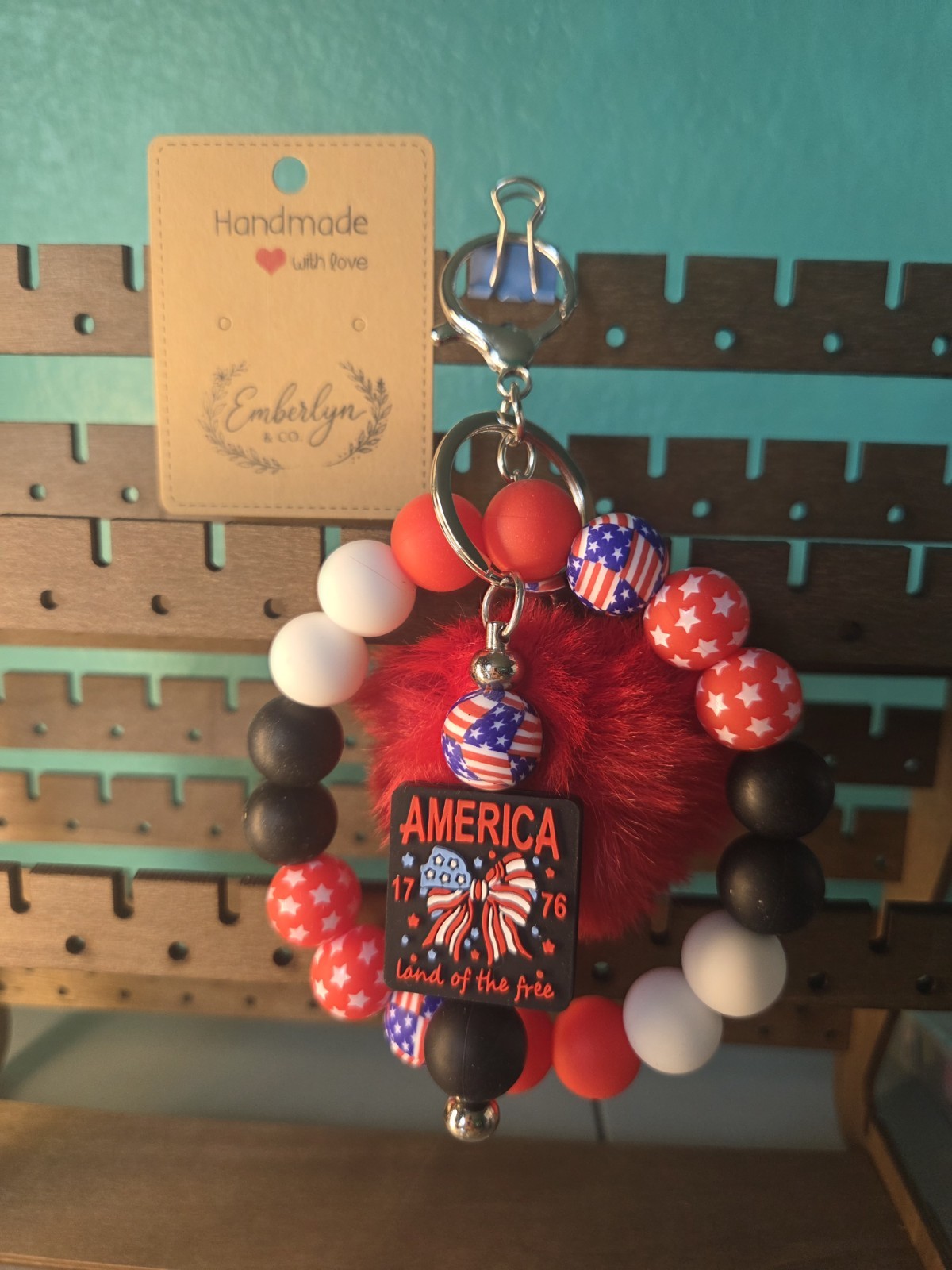 Handmade Patriotic America Fluffy Pom Pom Keychain – Wristlet Key Ring