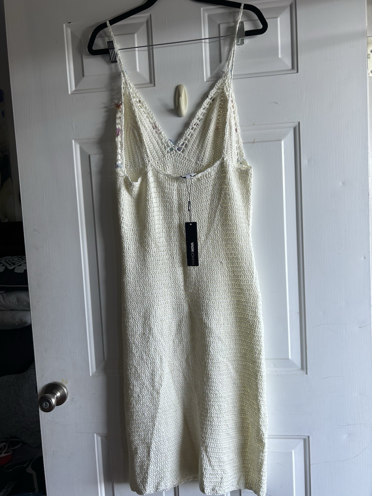 Fashion Nova Ivory Crochet Butterfly Midi Slip Dress V-Neck Strappy L Acrylic