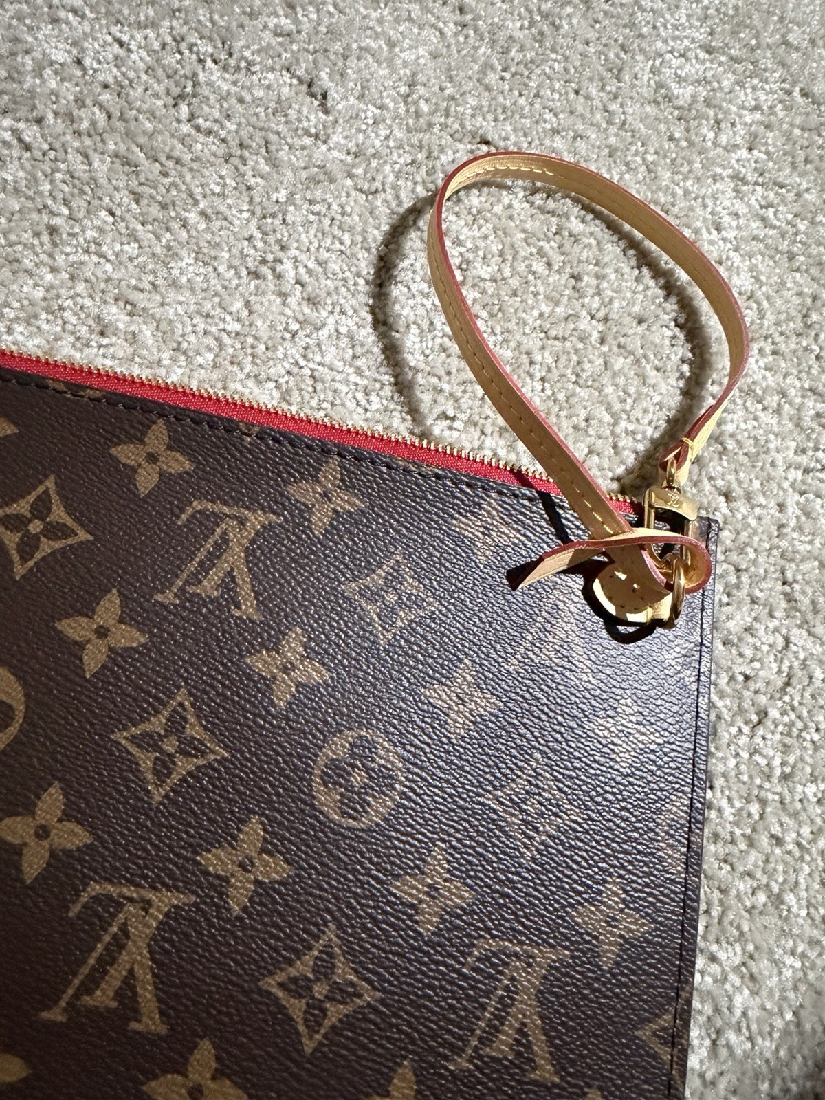 Louis Vuitton Monogram Wristlet Zip Pouch Brown/Red Lined Gold Hardware
