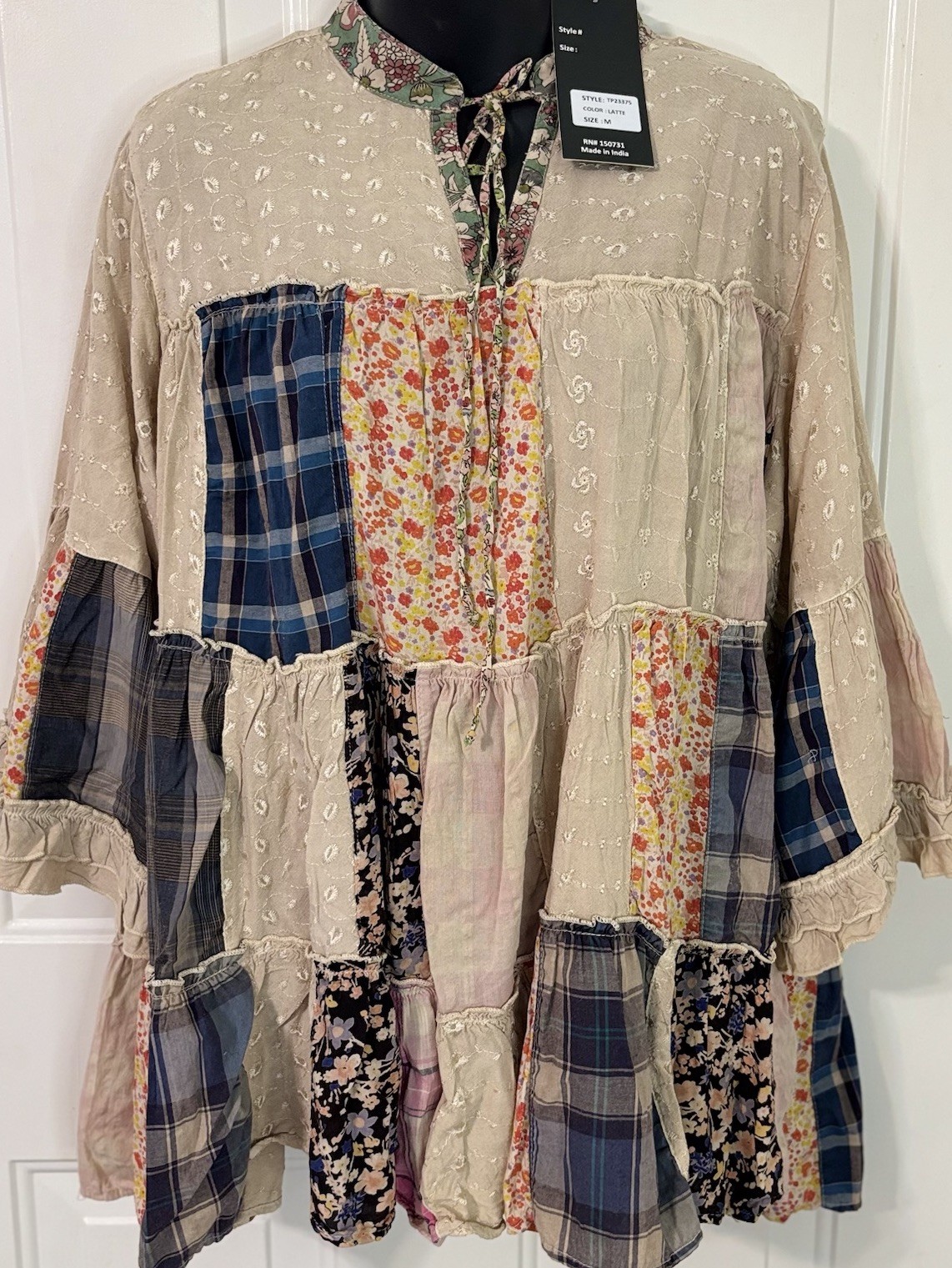 Young Threads Patchwork Boho Tunic Top M Cotton Floral Plaid Embroidered NWT