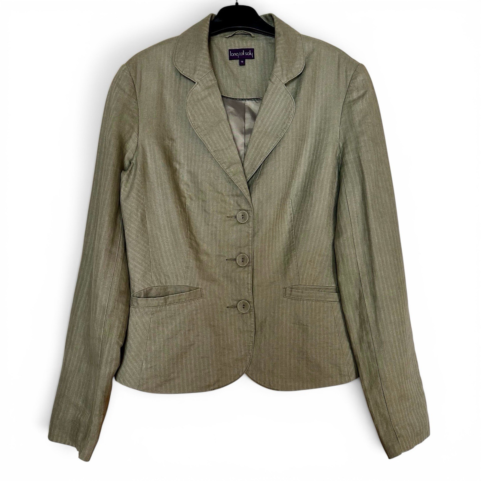 Long Tall Sally Olive Green 100% Linen Pinstripe Blazer UK 12 VGC Fully Lined