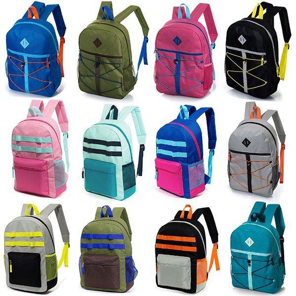 24-Pack 17″ Bungee Cord Backpacks for Kids – Bookbags in Bulk,12 Colors & Prints