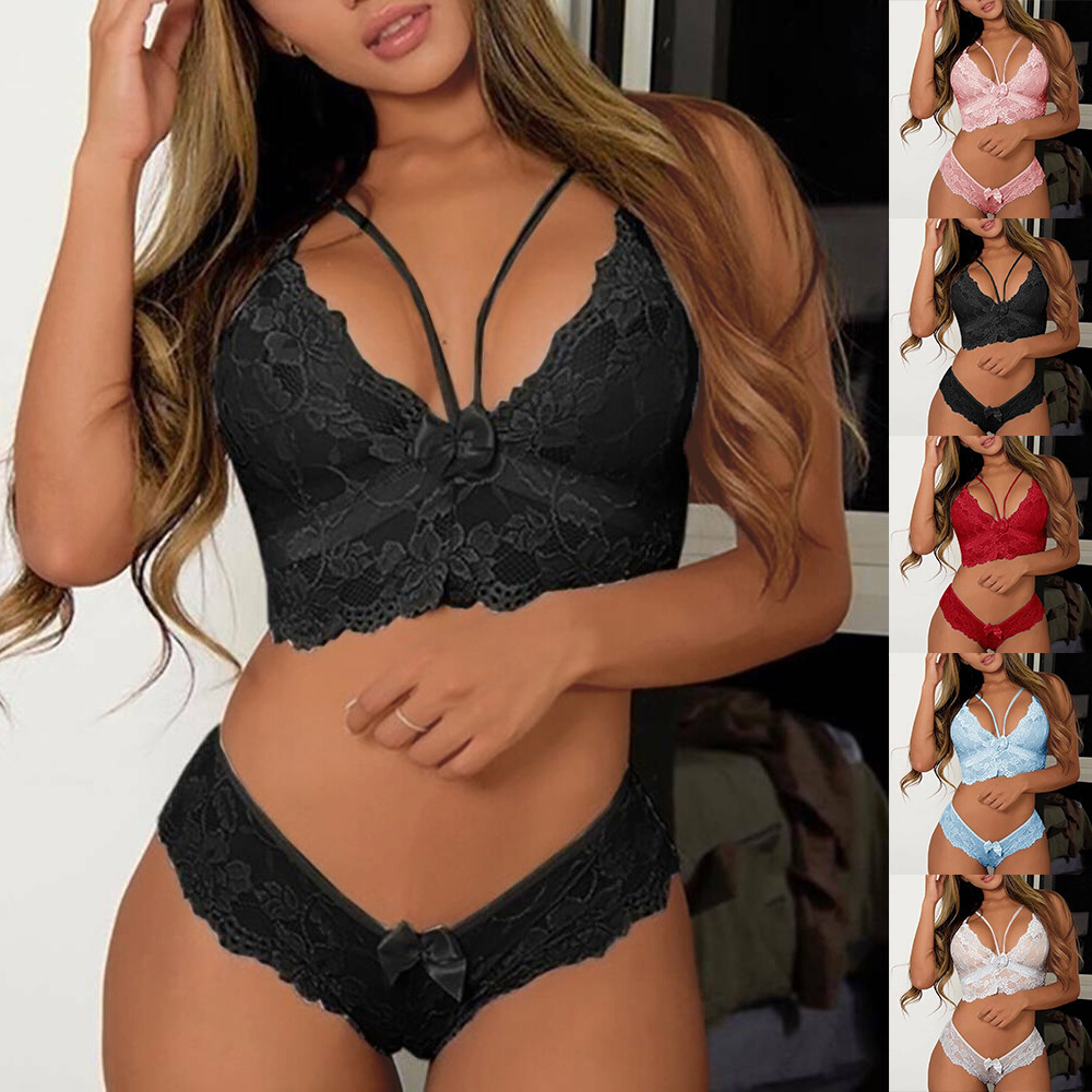 Women Sexy Lace Lingerie Nightwear Underwear Panties Brief Sleepwear Bra Set US