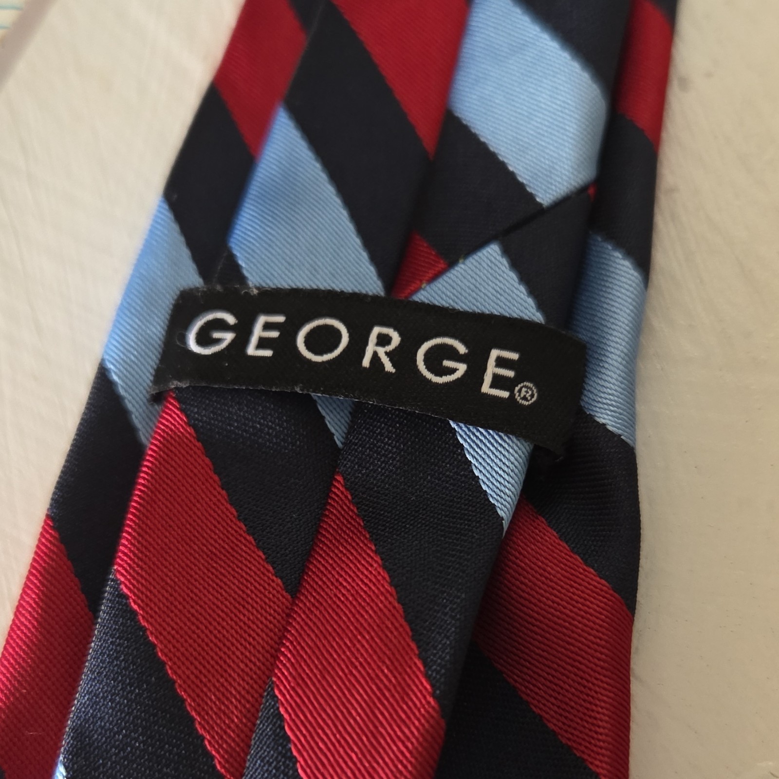 George Men’s Pretied Clip-On Tie Polyester Woven Blue/Red/Black Striped