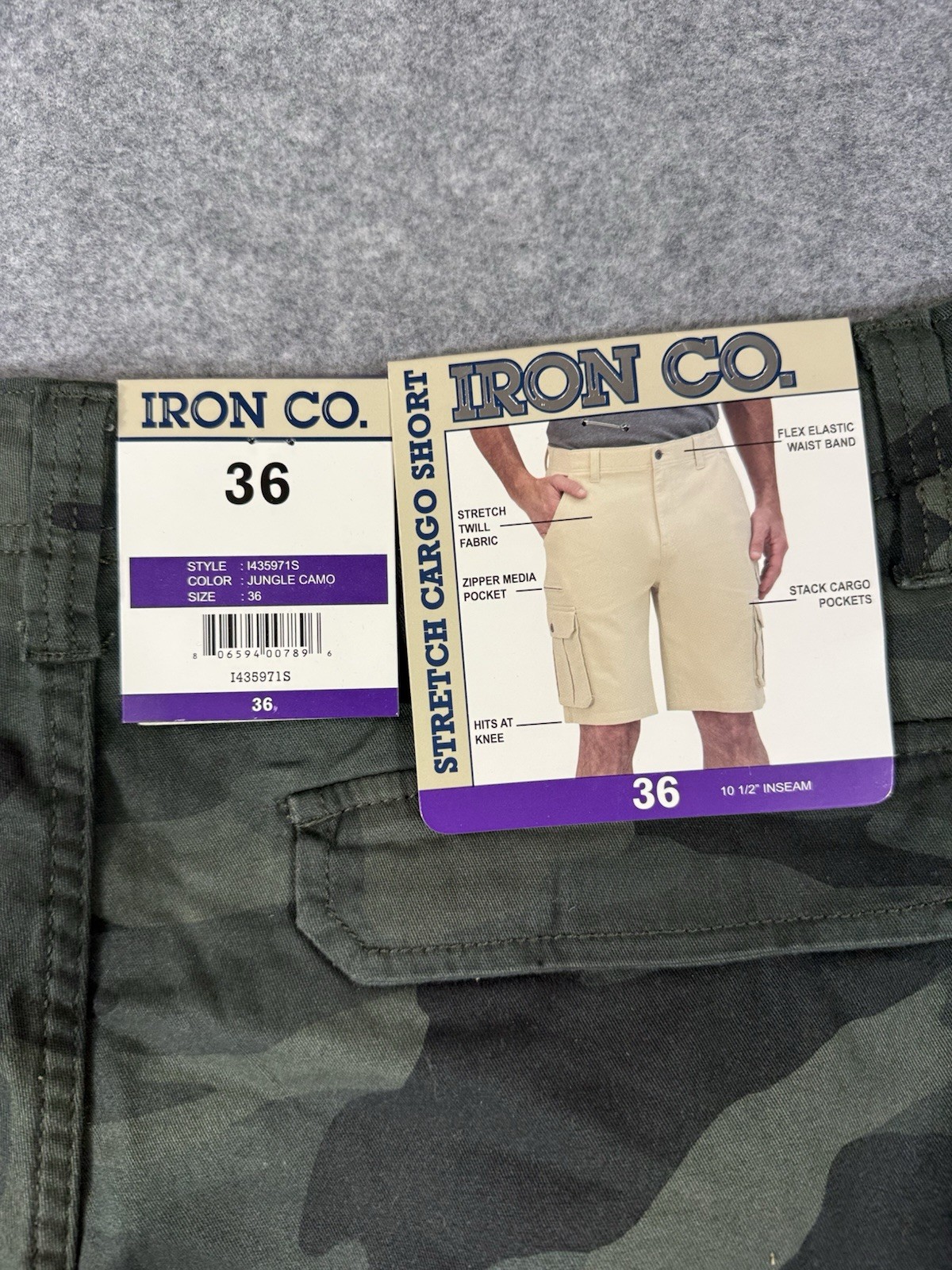 Iron Co Jungle Camo Cargo Shorts Men Size 36X10 Green Camouflage Stretch NWT