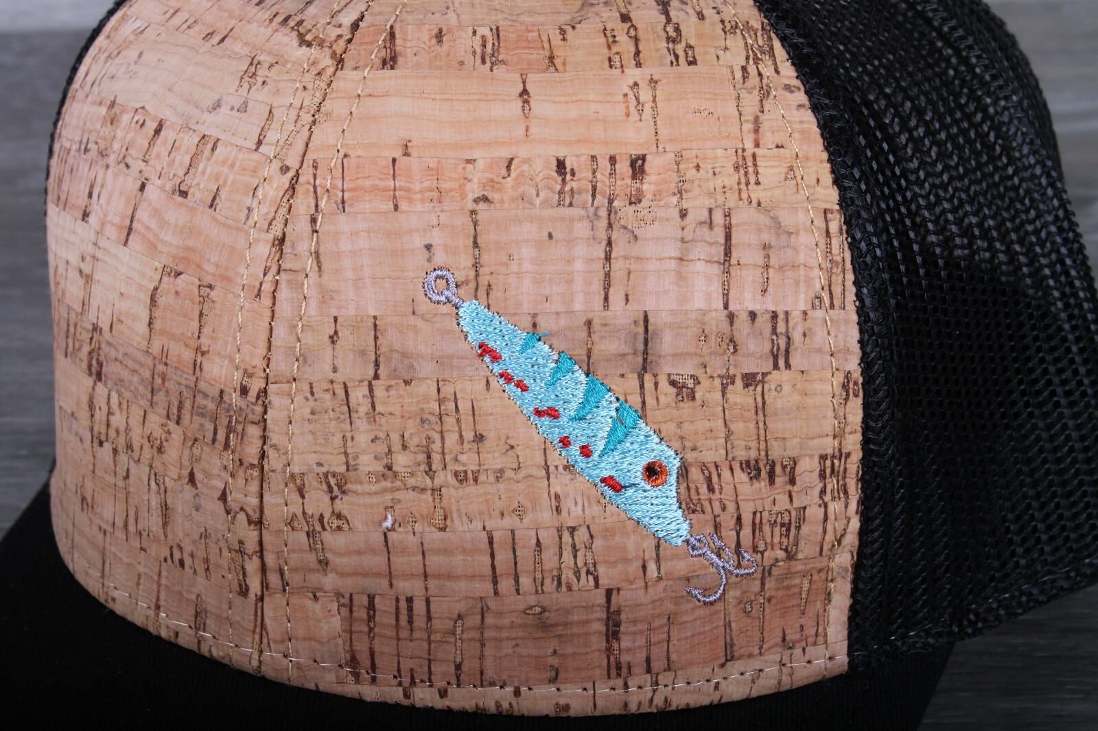 Fishing Lure Embroidered on an Otto 6 Panel Cork Mesh Back Hat