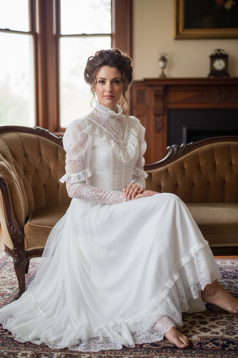 Vintage 1970s Victorian Prairie Style Lace Wedding Dress 6-8 Excellent Condition