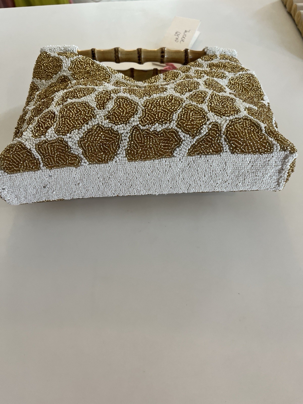 Tania New York Hand Beaded Giraffe Print Bamboo Handle Clutch 10x2x8 NWT