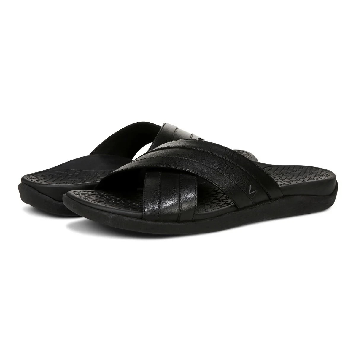 Vionic Tide Men Slide Sandal Orthotic Adjustable Walking Black Leather Shoes New