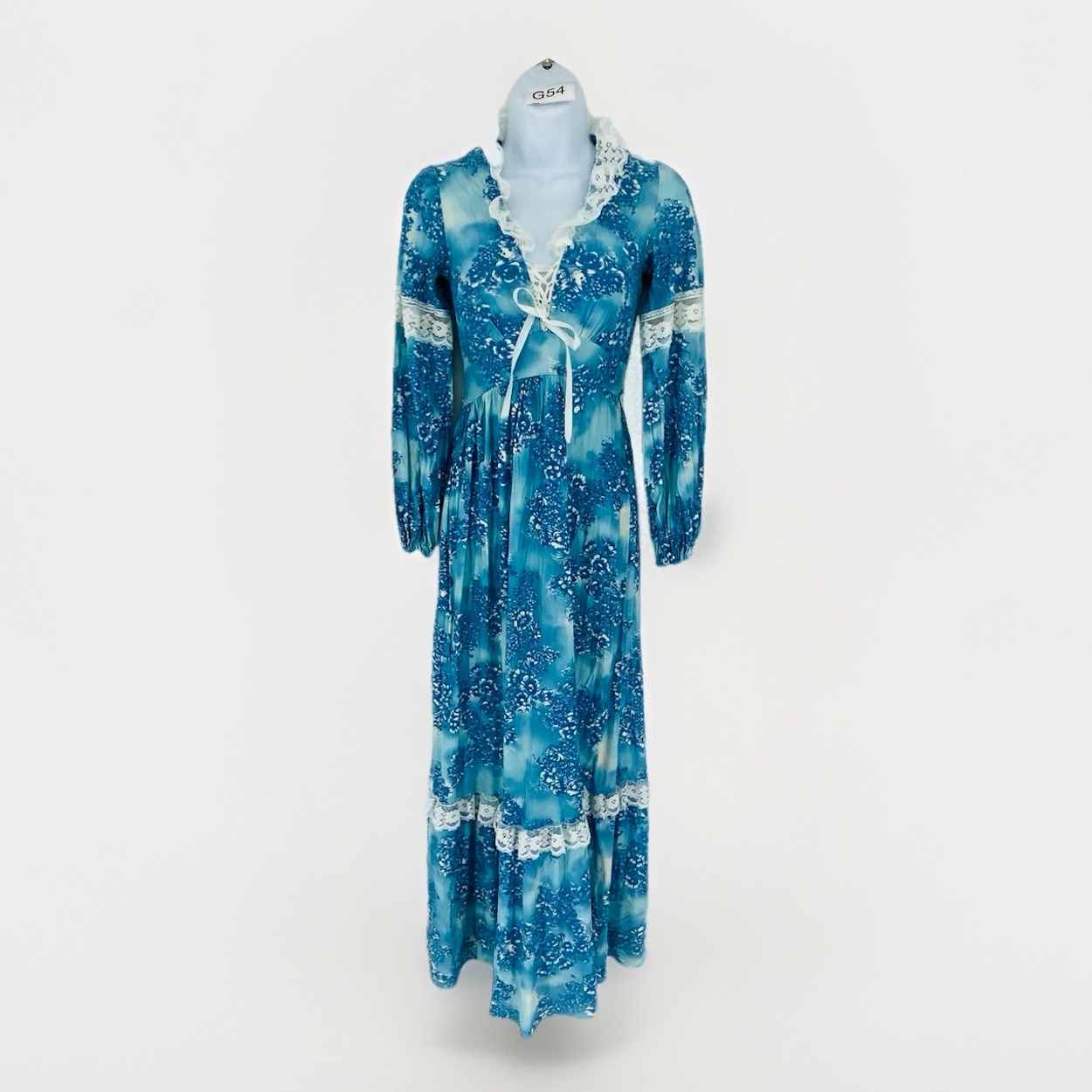 Vintage 70s Blue Floral Maxi Dress Victorian Prairie Edwardian Style Small Beach