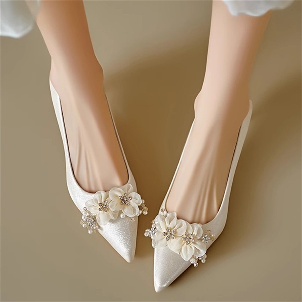 Women’s Flower Pearl Pointed Toe Stiletto Heel Pumps Slip On Wedding Bride Shoes