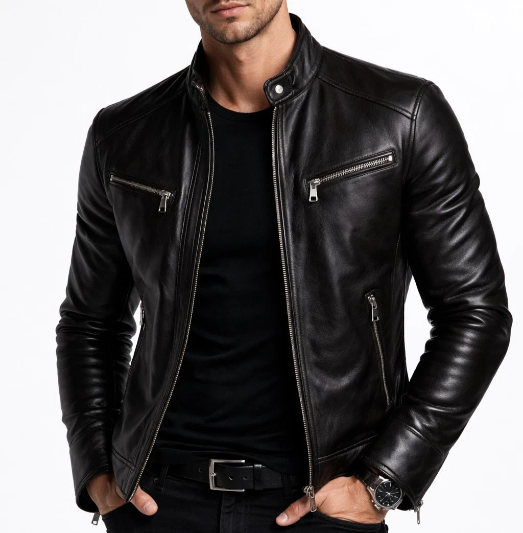 Men’s Black Genuine Leather Jacket Cafe Racer Slim Fit Motorcycle Biker Coat