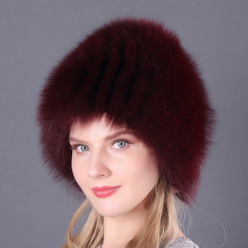 Winter Women Warm Rabbit Fur Fox Fur Hat Outdoor Fluffy Knitted Hat Cap