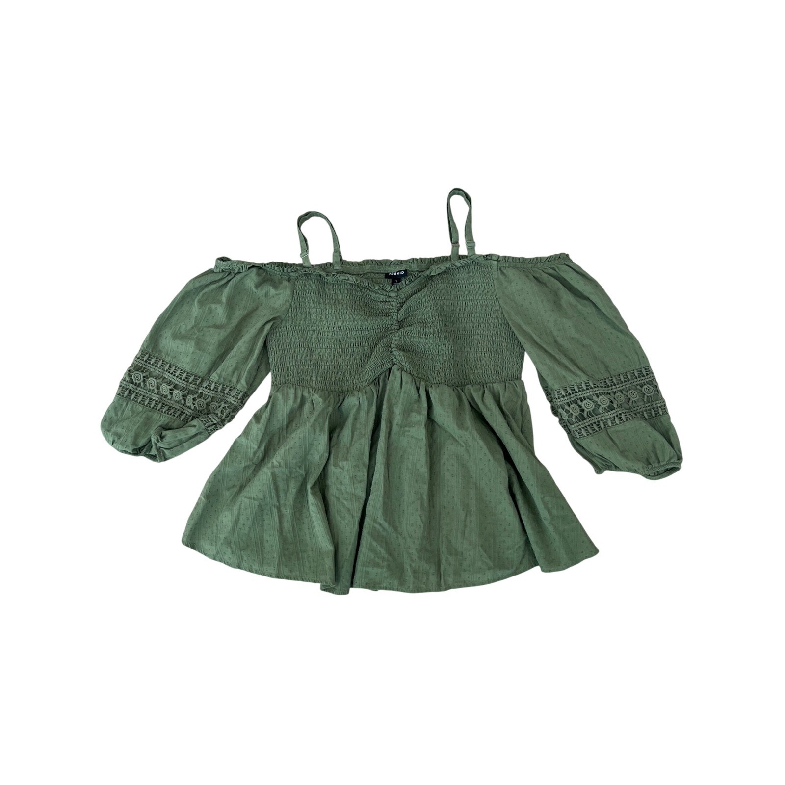 Torrid Cottagecore Boho Smocked Crochet Lace Off Shoulder Top Olive Green 1X