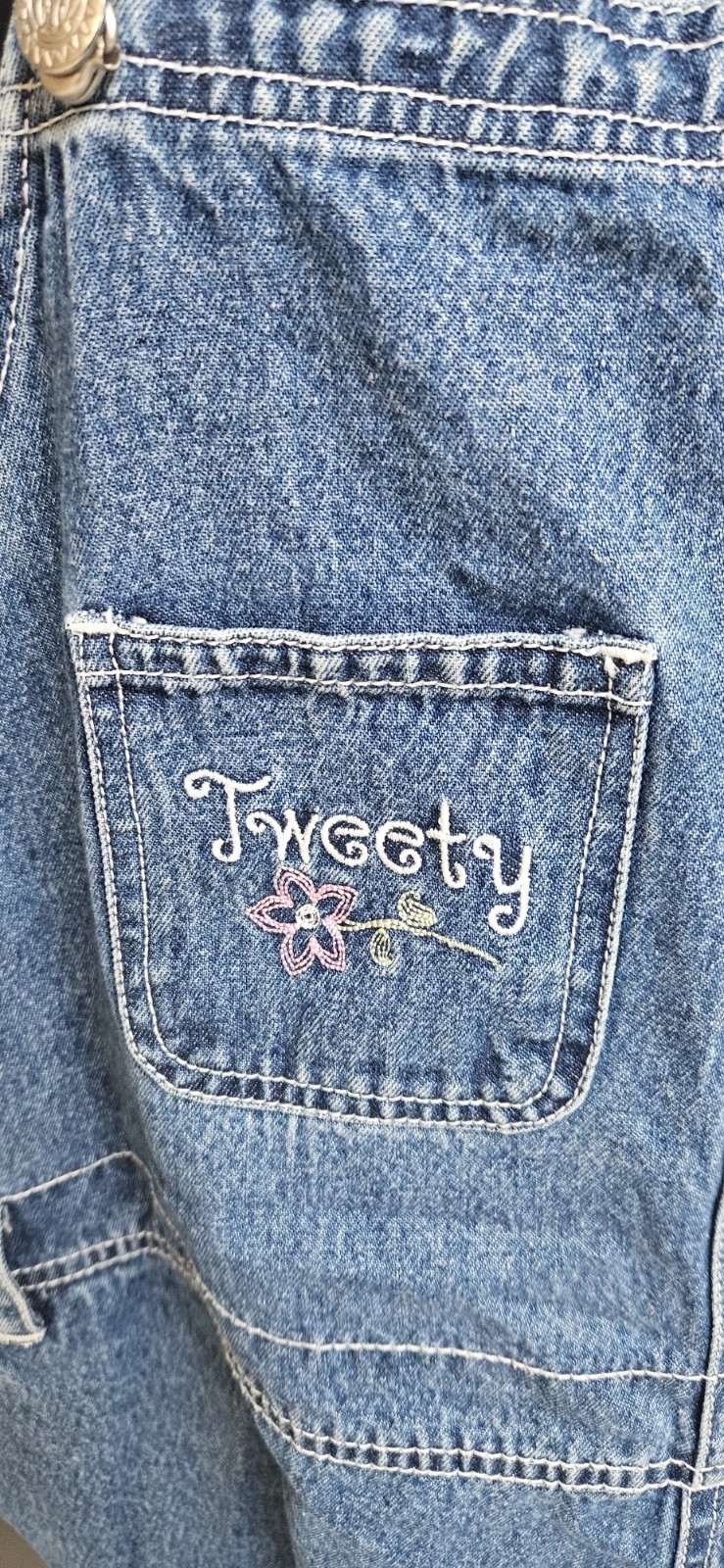 Vintage Womens 26/28 48×6 Y2K Looney Tunes Tweety Bird Denim Short Bib Overalls