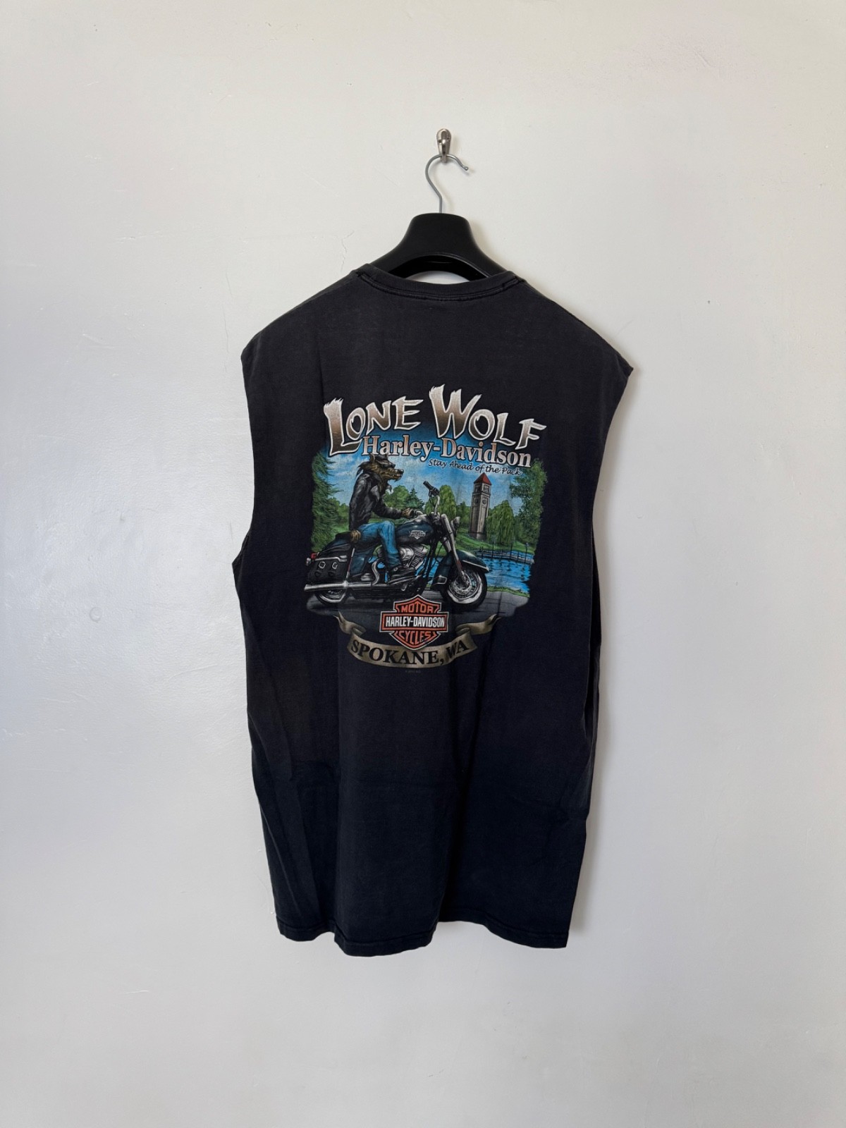 Harley Davidson Sleeveless Lone Wolf Stay Ahead of the Pack Spokane, Washington