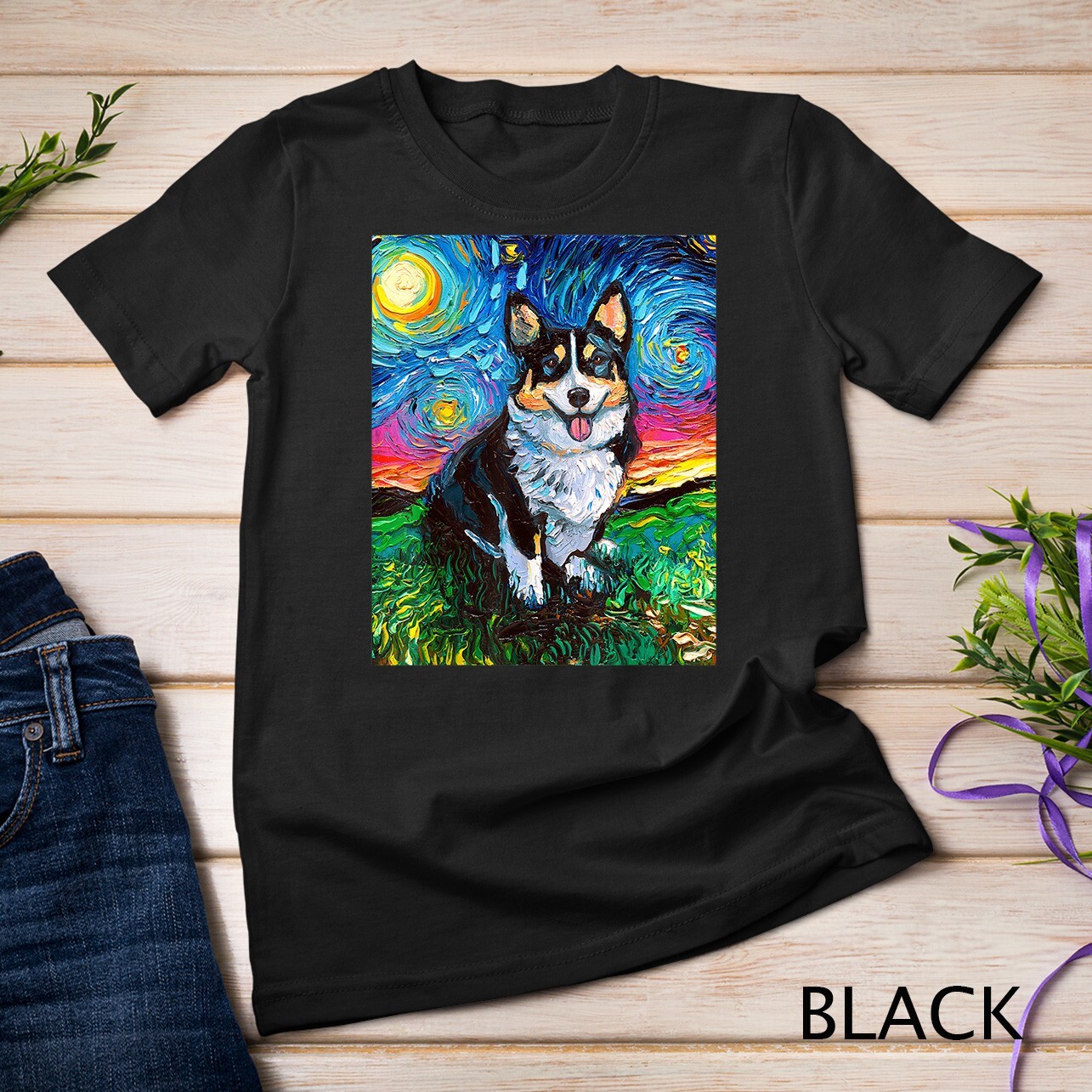 Tri Color Pembroke Welsh Corgi Starry Night Dog Art Unisex T-shirt