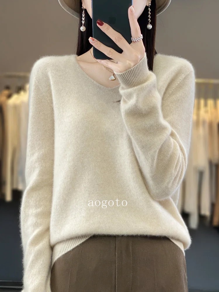 Women’s V-neck Pullover Sweater Knitwear Soft Warm Cashmere Loose Grace Style