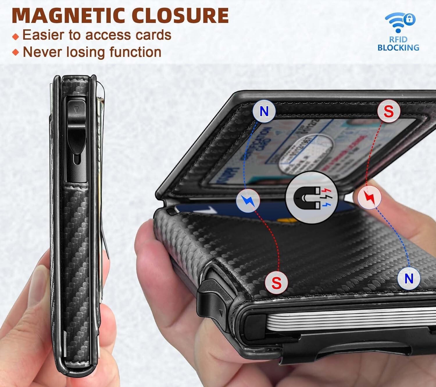 Men’s Slim PopUp Bifold Carbon Fiber Wallet, RFID Blocking, Money Clip, Men Gift