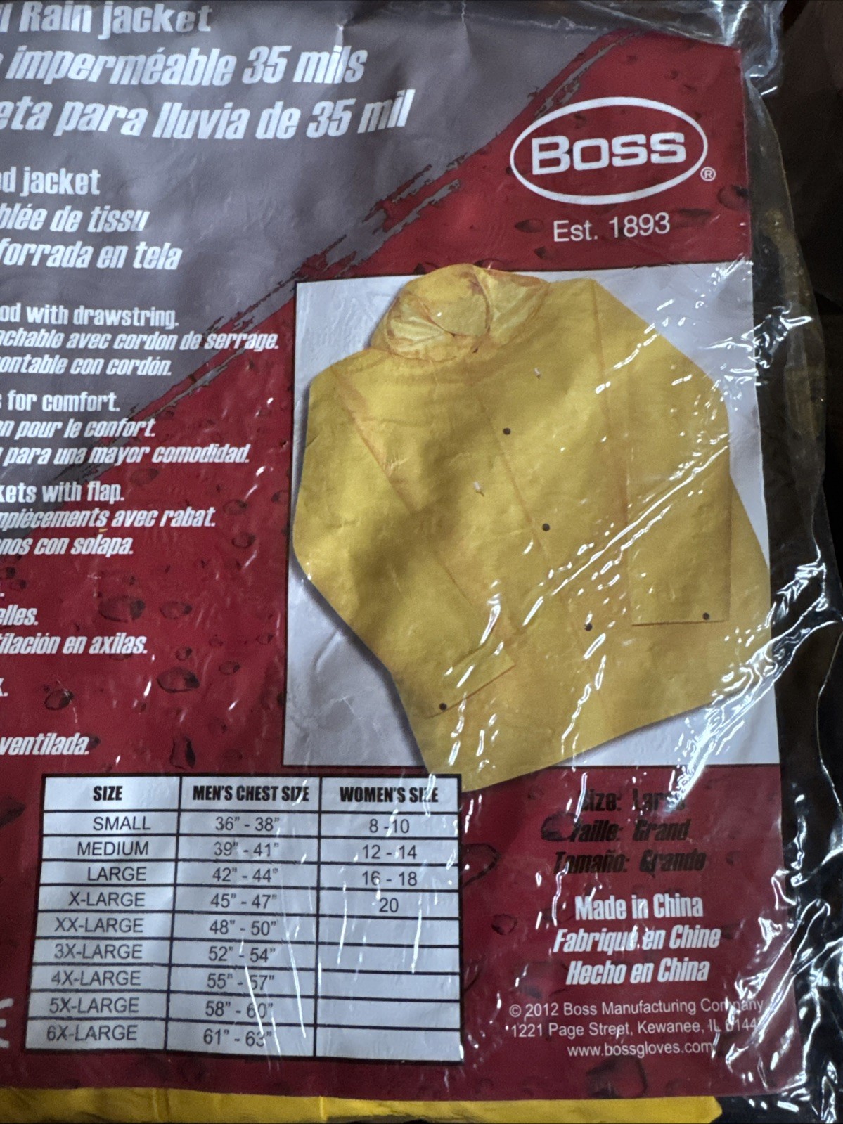 New Boss 35 Mil Fabric Lined PVC Rain Jacket With Hood Yellow Size Large
