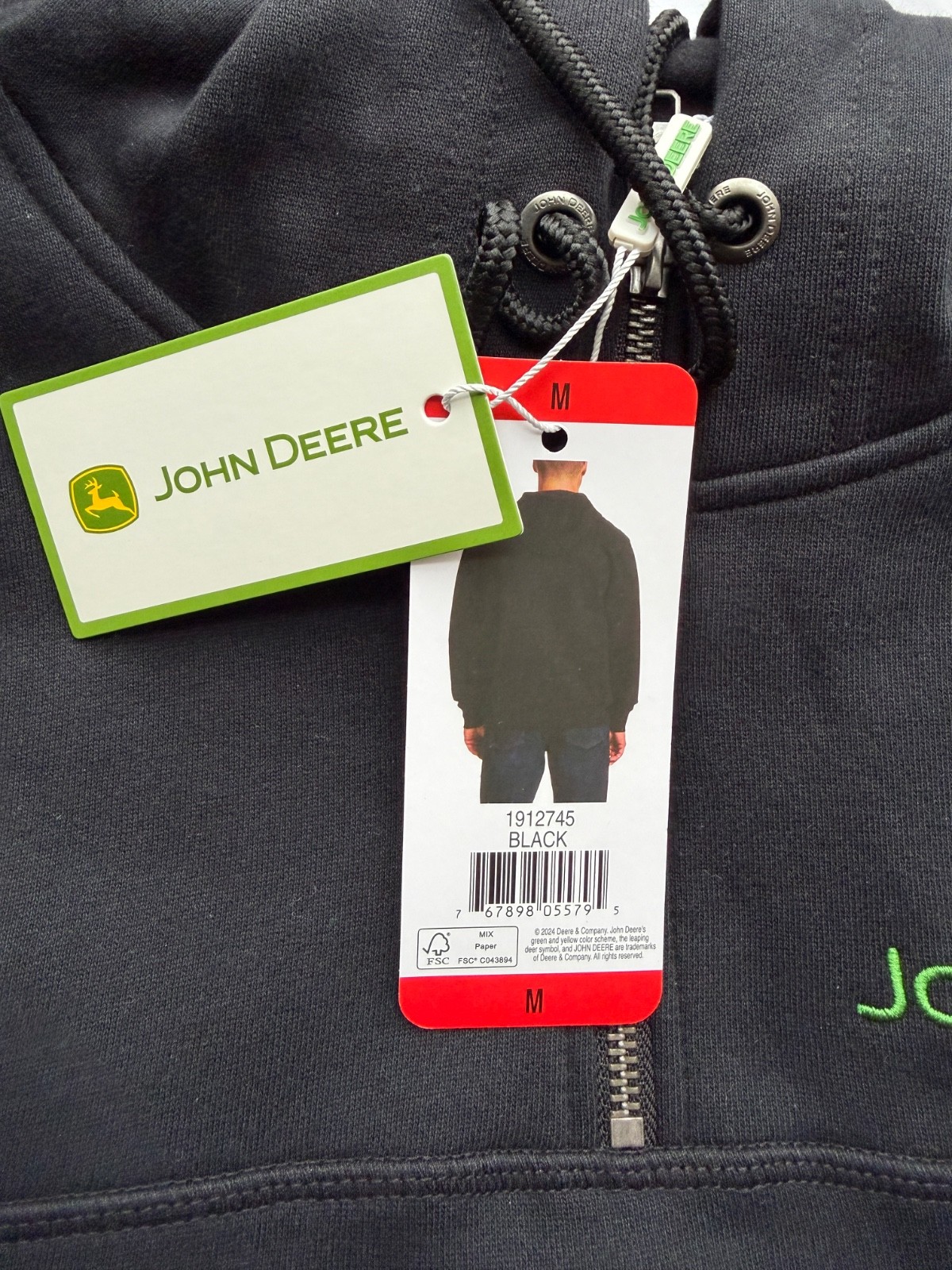 NWT John Deere Men’s Quarter Zip Hoodie Heavyweight Cotton Pullover BLACK SIZE M