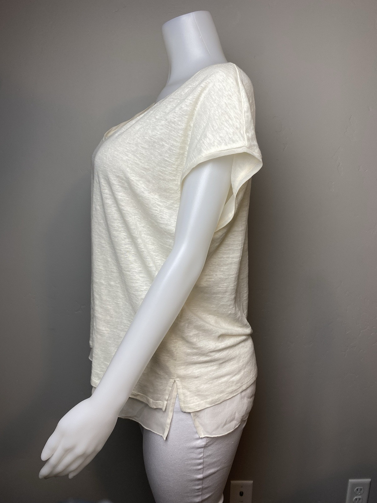 F. Vince Silk Top L Linen White Sand Blouse Cap Sleeve Round Neck NWT $175