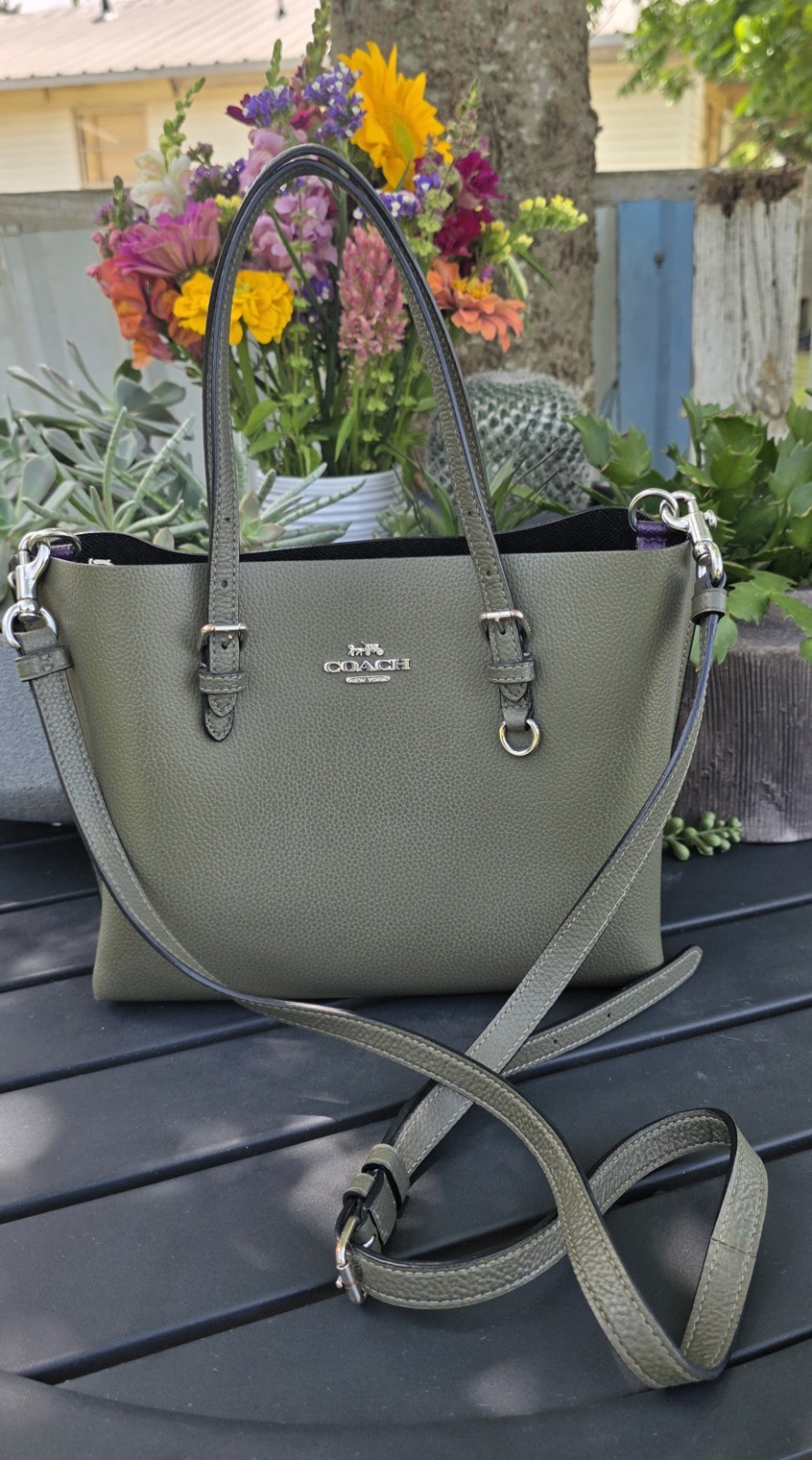 Coach Women’s Green Pebbled Satchel Top Handle Bag Zip, Purple Lined, Strap
